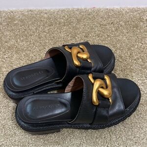 Aerosoles Lima Chunky Black Leather Y2K Platform Slim On Chain Sandals Size 5